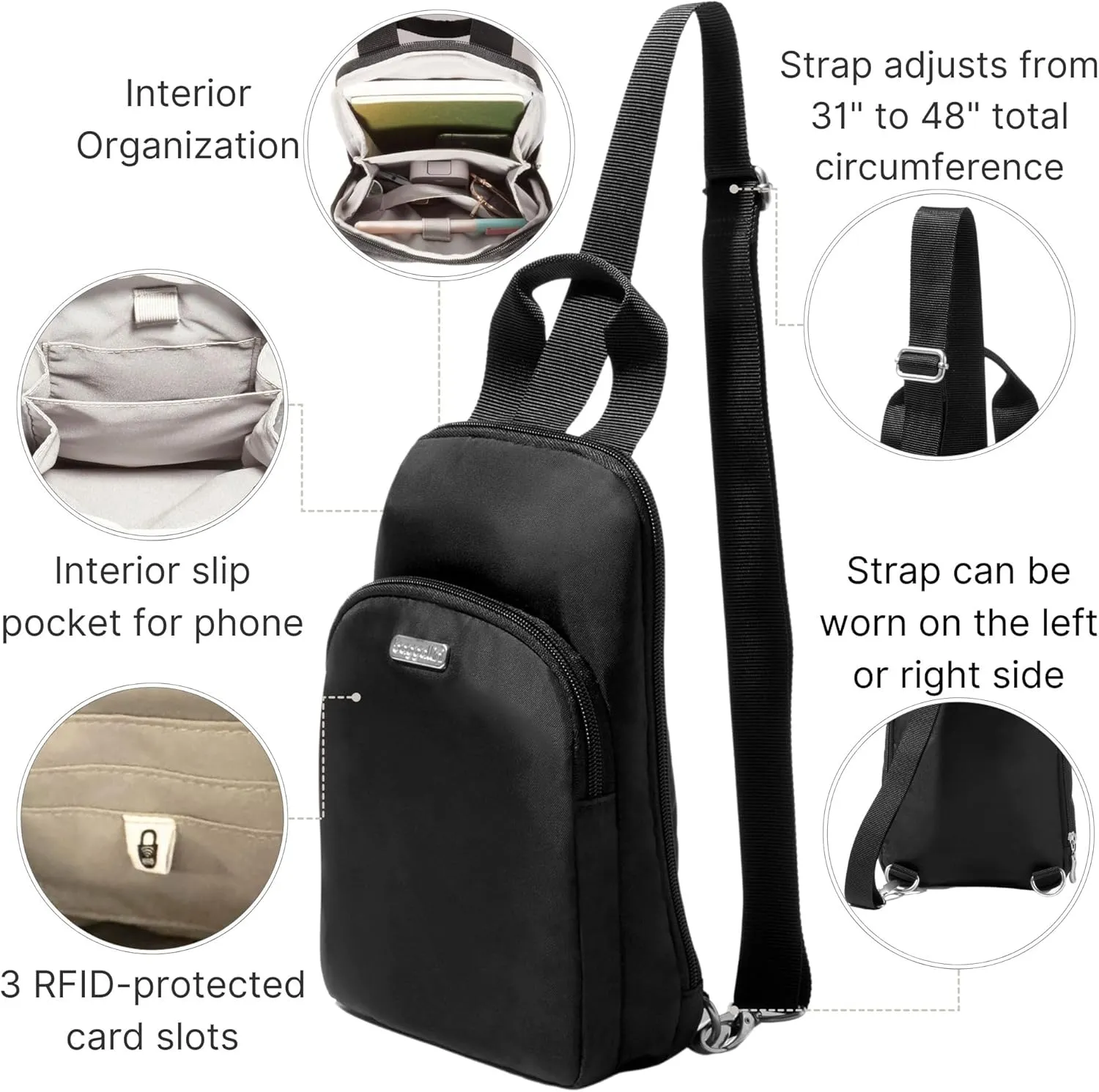 Baggallini Essential Small 12x7 Inch Sling Crossbody Bag with Convertible Adjustable Shoulder Strap