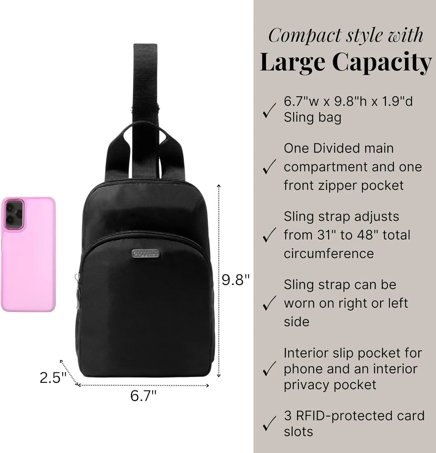 Baggallini Essential Small 12x7 Inch Sling Crossbody Bag with Convertible Adjustable Shoulder Strap