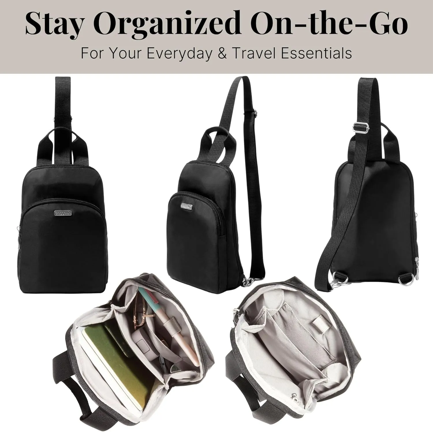 Baggallini Essential Small 12x7 Inch Sling Crossbody Bag with Convertible Adjustable Shoulder Strap
