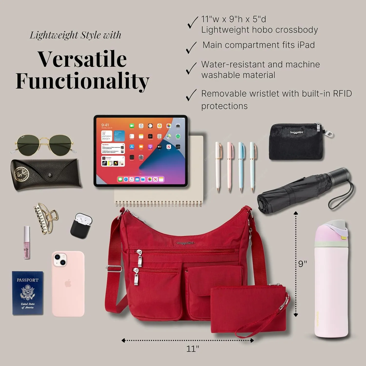Baggallini Everywhere Bagg Crossbody Women 11x9 Lightweight Nylon Hobo Water-Resistant Travel Bag W/RFID Protection