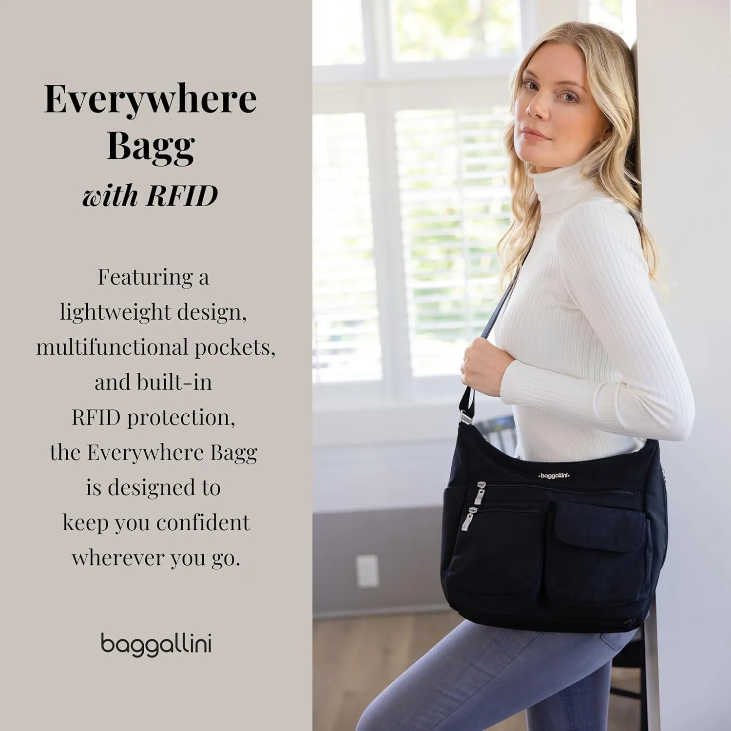 Baggallini Everywhere Bagg Crossbody Women 11x9 Lightweight Nylon Hobo Water-Resistant Travel Bag W/RFID Protection