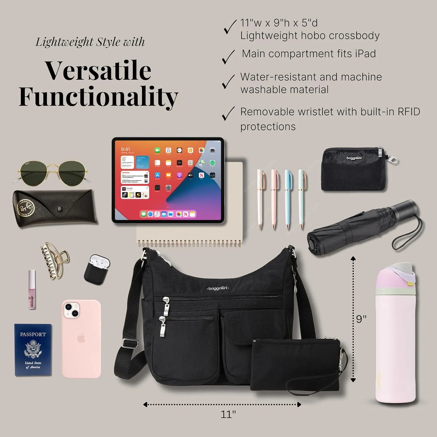 Baggallini Everywhere Bagg Crossbody Women 11x9 Lightweight Nylon Hobo Water-Resistant Travel Bag W/RFID Protection