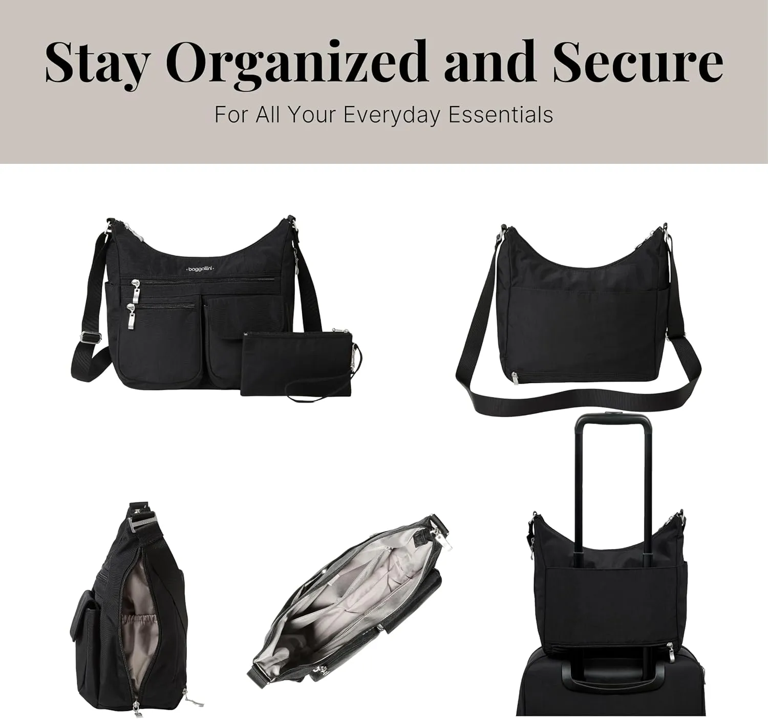 Baggallini Everywhere Bagg Crossbody Women 11x9 Lightweight Nylon Hobo Water-Resistant Travel Bag W/RFID Protection