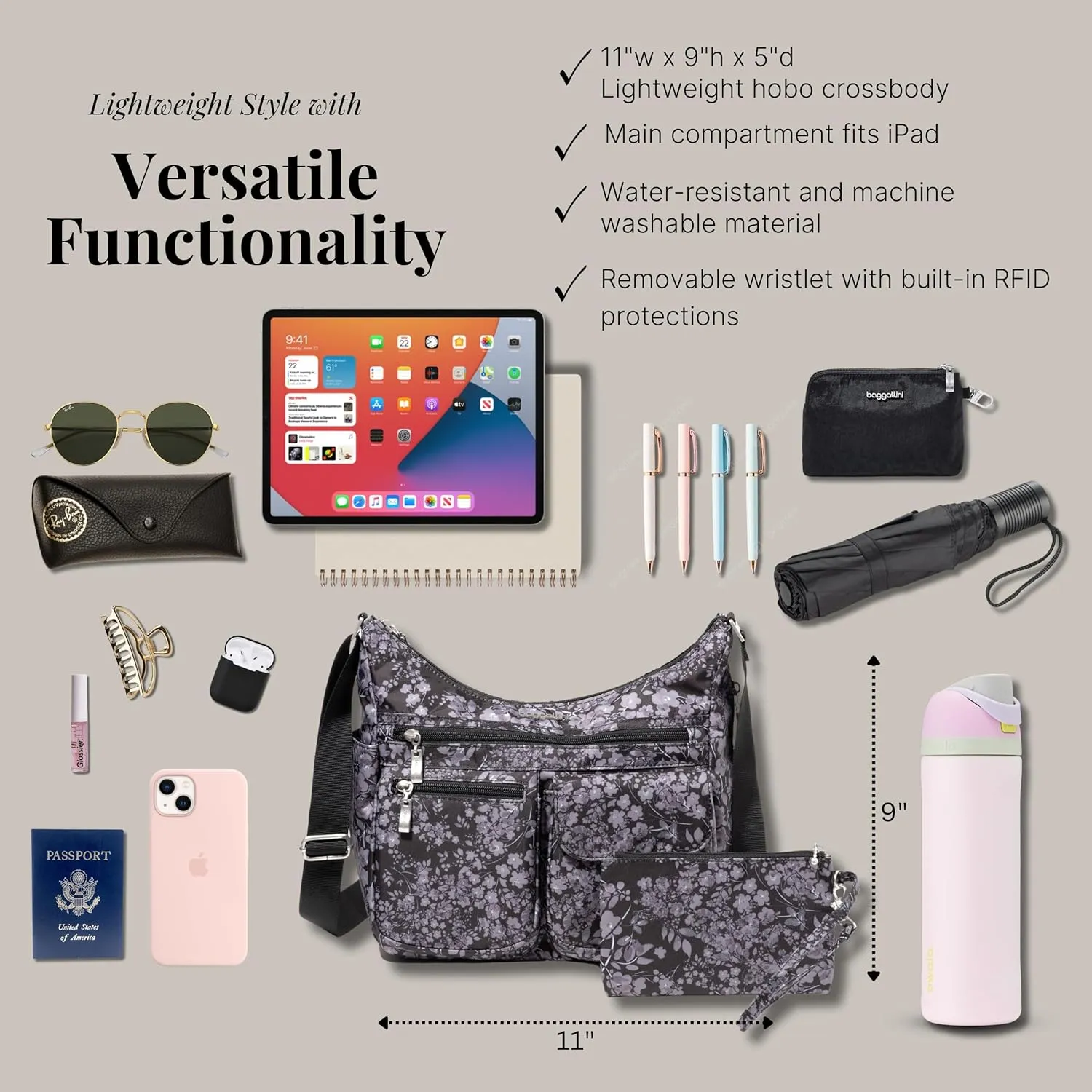 Baggallini Everywhere Bagg Crossbody Women 11x9 Lightweight Nylon Hobo Water-Resistant Travel Bag W/RFID