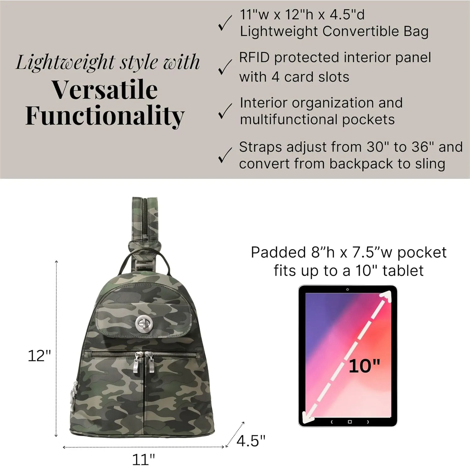 Baggallini Naples Convertible Small Daypack Sling Crossbody, Olive Camo