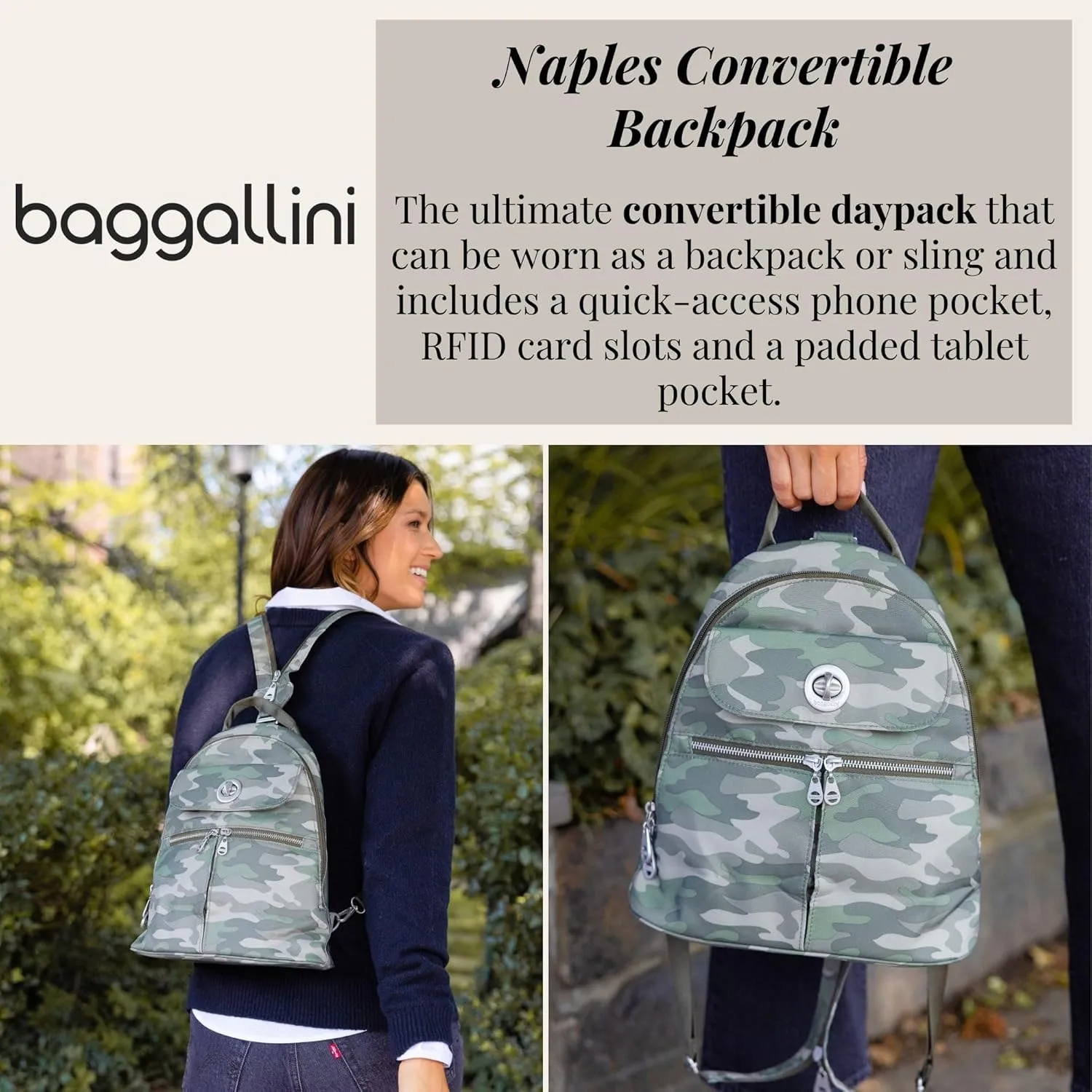 Baggallini Naples Convertible Small Daypack Sling Crossbody, Olive Camo
