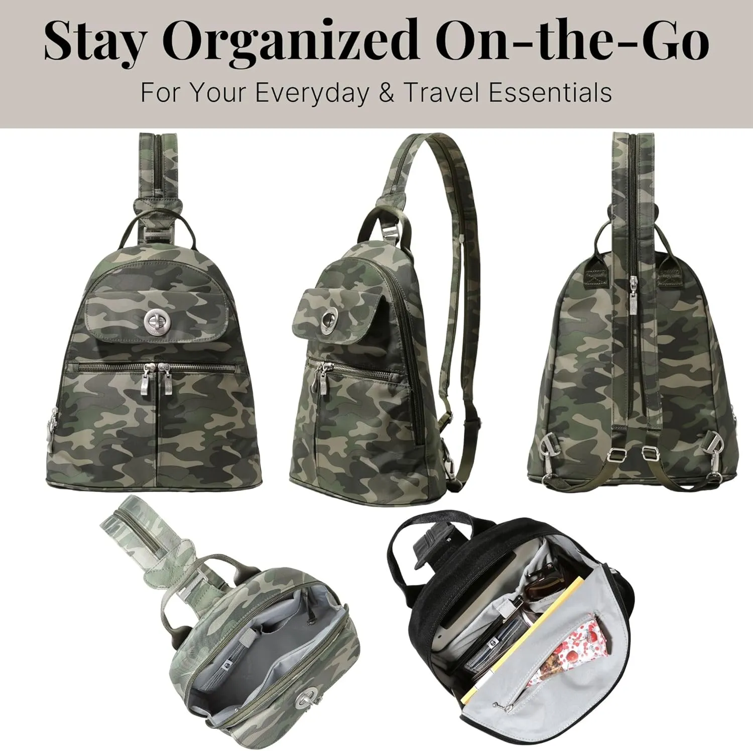 Baggallini Naples Convertible Small Daypack Sling Crossbody, Olive Camo