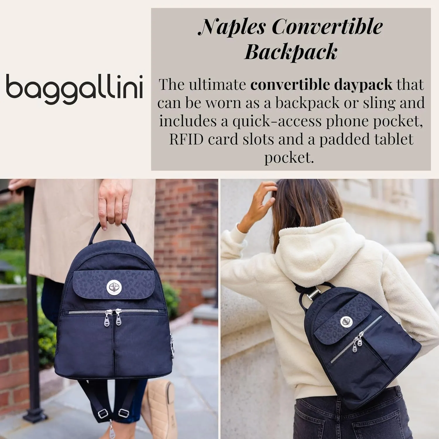 Baggallini Naples Convertible Small Daypack Sling Crossbody, Red Buffalo Plaid