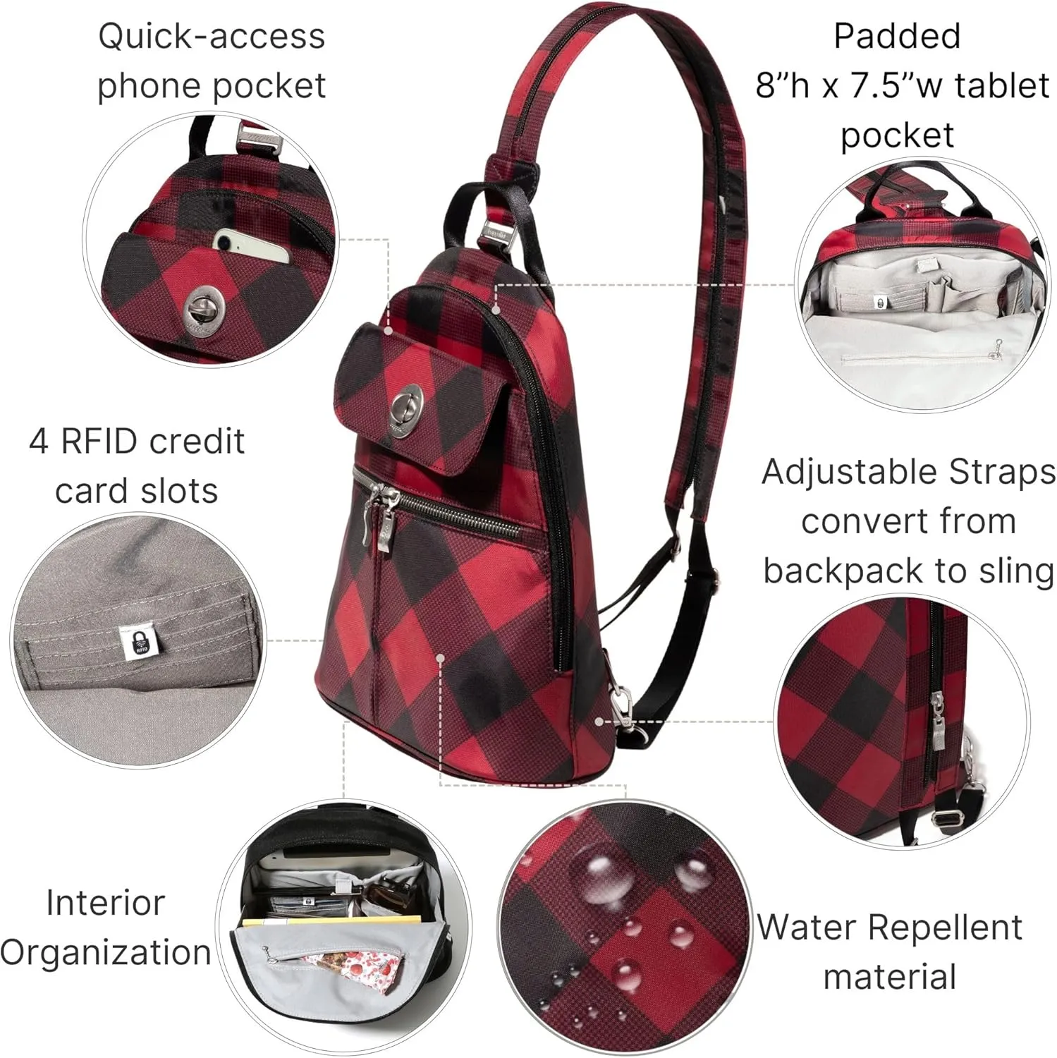 Baggallini Naples Convertible Small Daypack Sling Crossbody, Red Buffalo Plaid