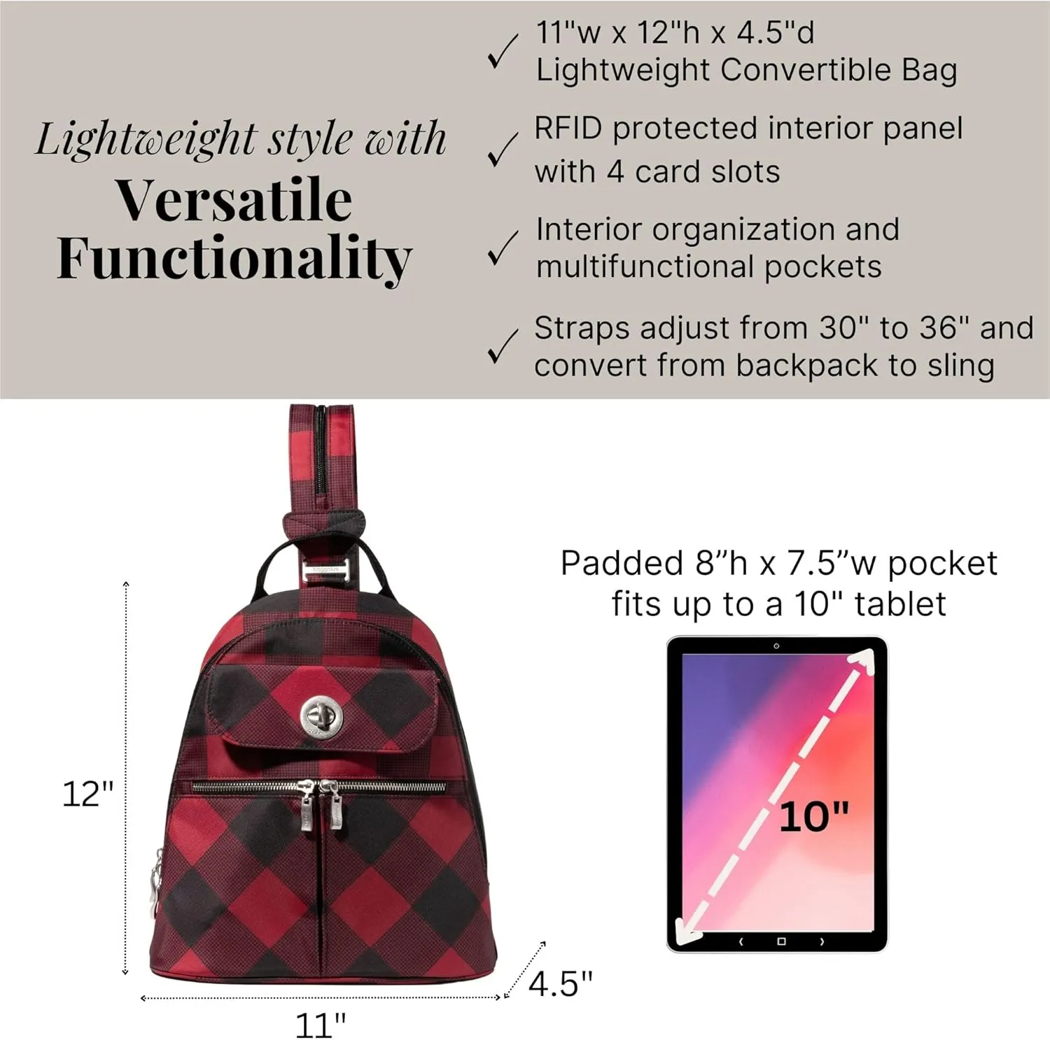 Baggallini Naples Convertible Small Daypack Sling Crossbody, Red Buffalo Plaid