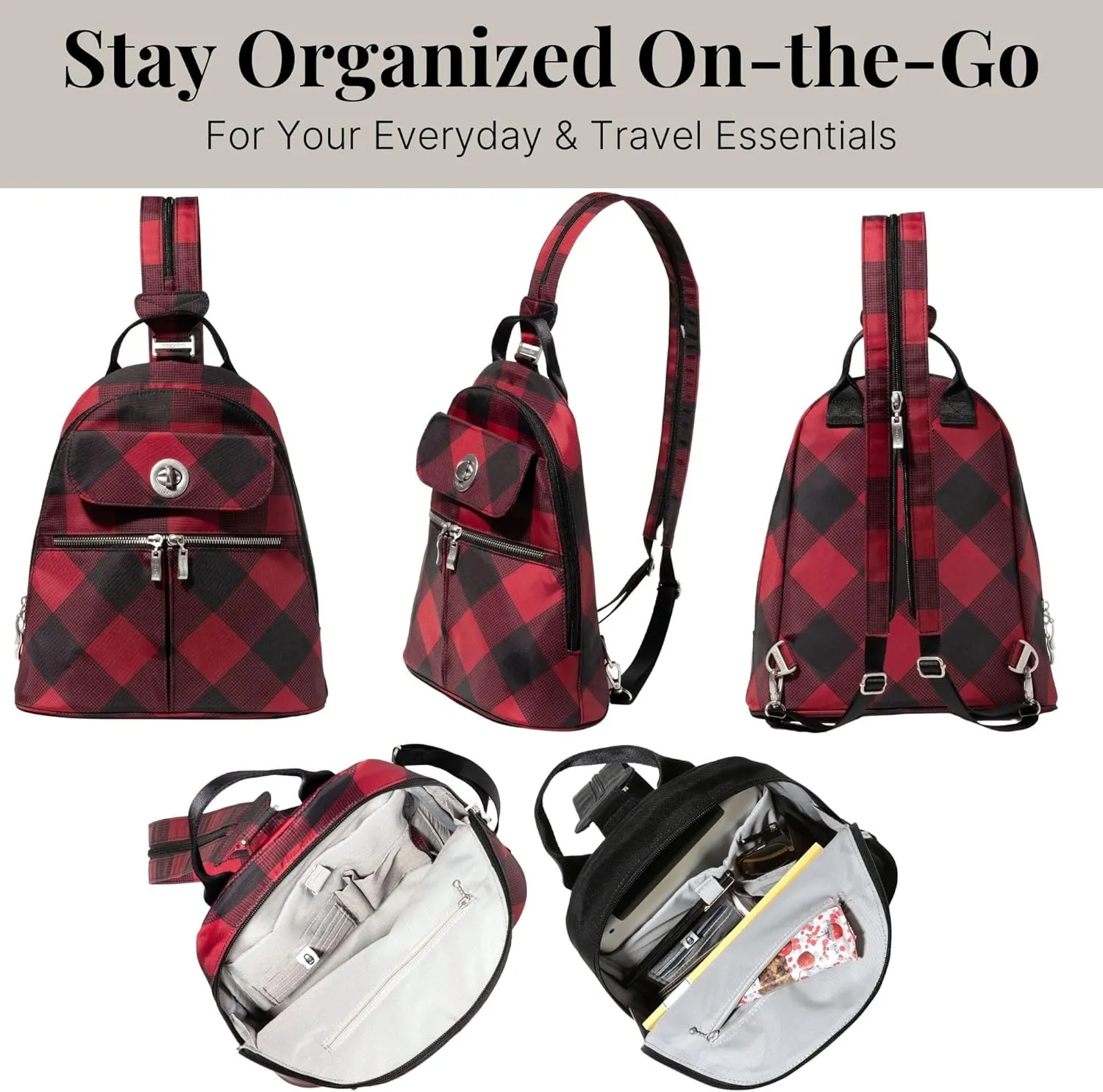 Baggallini Naples Convertible Small Daypack Sling Crossbody, Red Buffalo Plaid