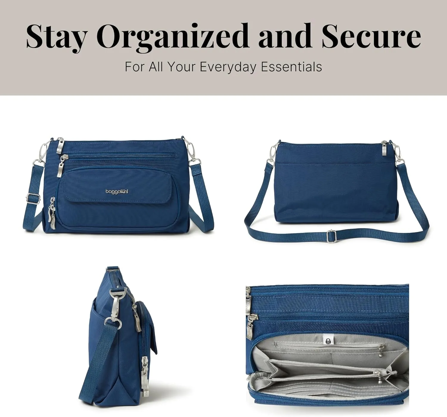 Baggallini Original Everyday 11x 7.5 Crossbody Bags for Women RFID Protected Washable Lightweight Nylon Zippered Travel Purse