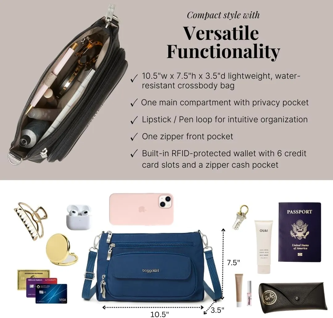 Baggallini Original Everyday 11x 7.5 Crossbody Bags for Women RFID Protected Washable Lightweight Nylon Zippered Travel Purse