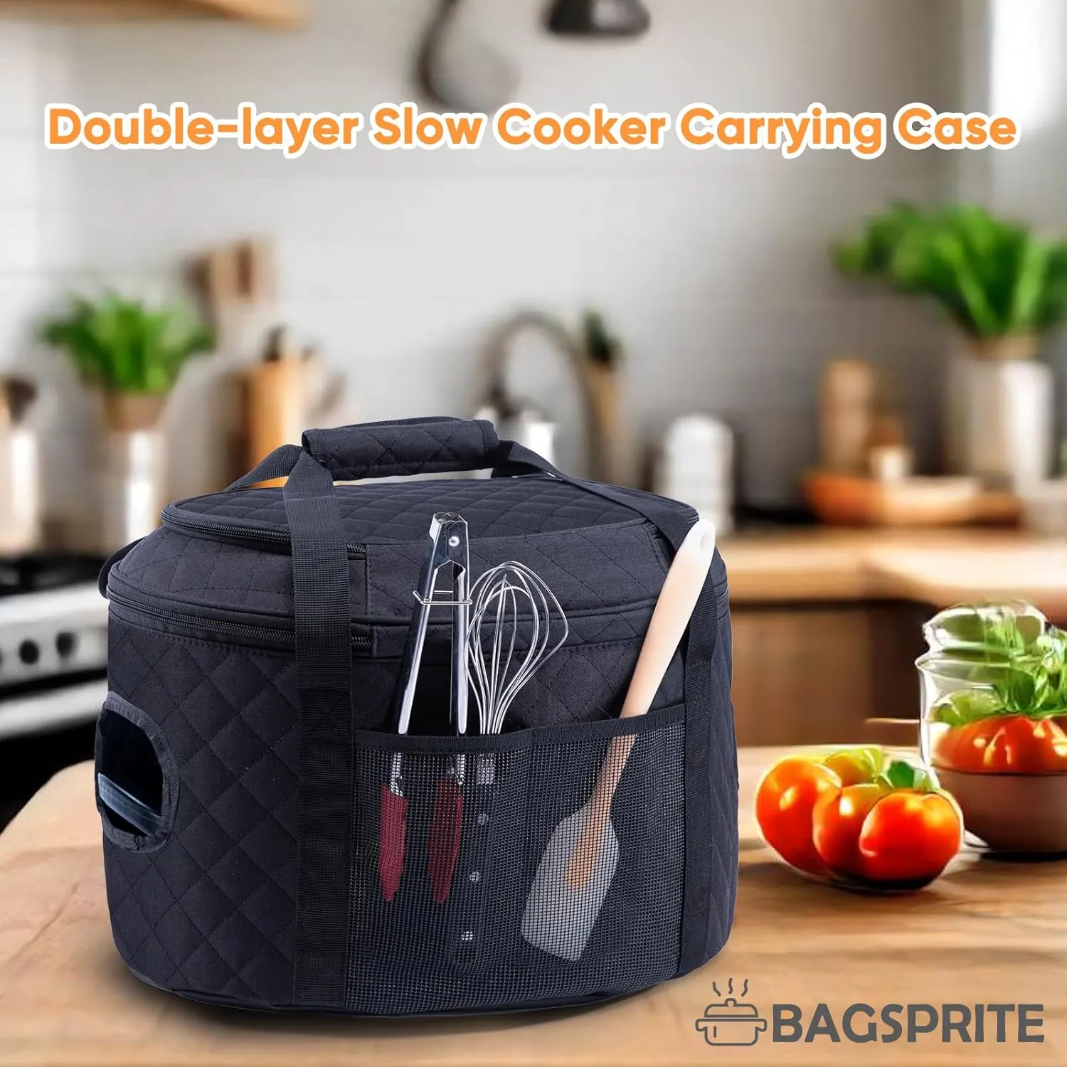 BAGSPRITE Double-layer Slow Cooker Carrying Case Compatible with 6-8 Quart Crockpot Carrier for Hot Food and Hamlton Beach Slow Cooker Tote with Lid Fastener for Crock-pot Dust Cover Applicances