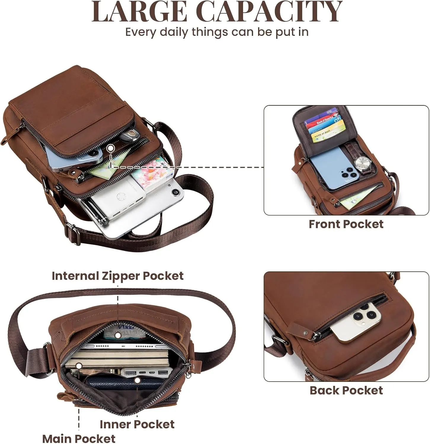 BAIGIO Small Leather Messenger Bag for Men Shoulder Bag Crossbody Vintage Handbag Man Purse for Ipad Travel Bussiness
