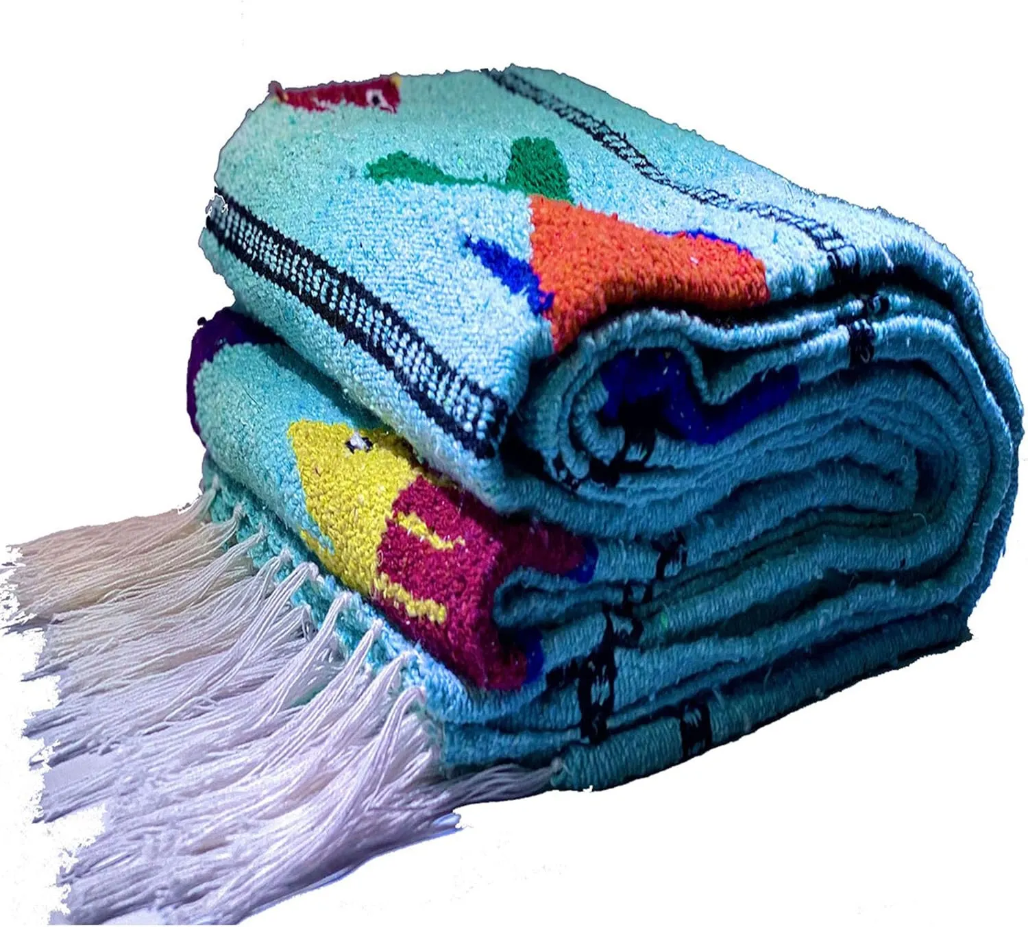 Baja Trader Serape Mexican Blanket, Yoga Mat, Camping Blanket, Beach Blanket, Picnic Blanket, Handmade Woven Throw Blanket, Home Decor, Car Blanket (Fish) (Ice)