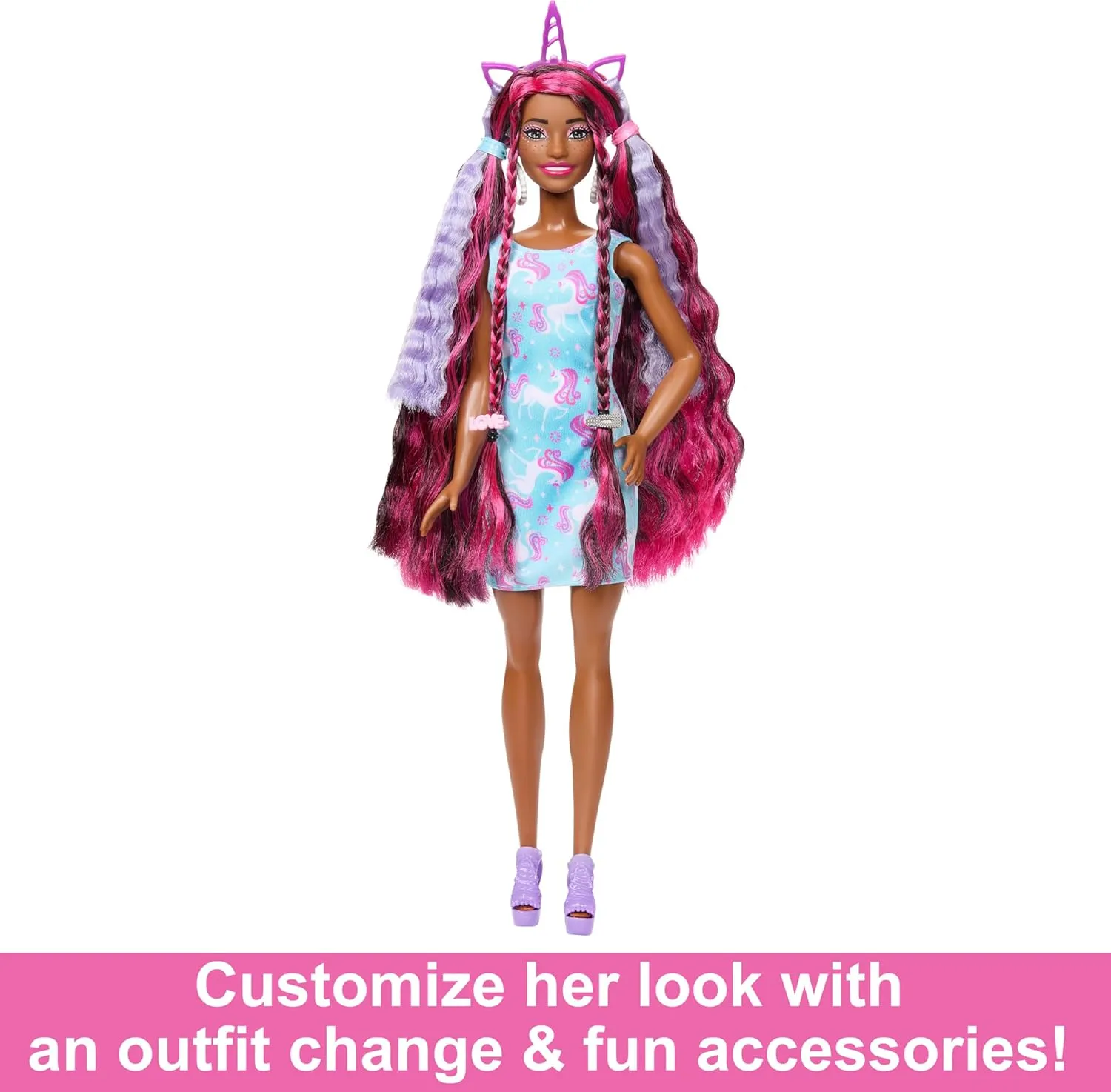 Barbie Doll, Fun & Fancy Hair with Extra-Long Colorful Black Hair and Shimmery Pink Dress, 10 Fashion Play Accessories
