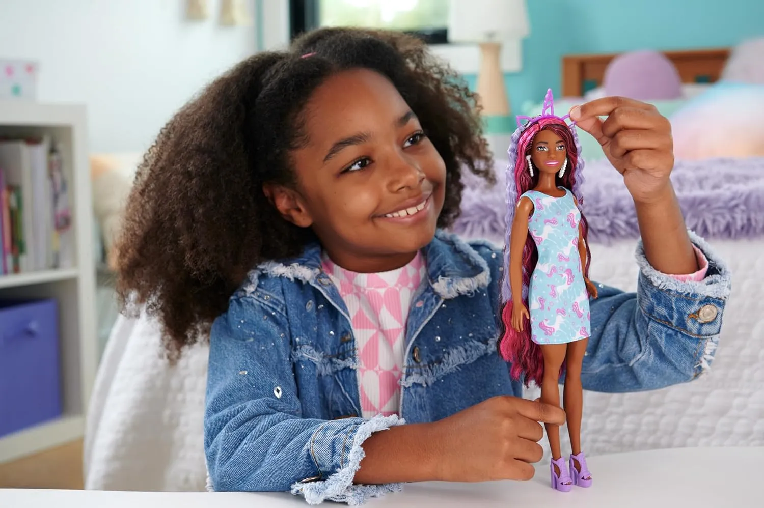 Barbie Doll, Fun & Fancy Hair with Extra-Long Colorful Black Hair and Shimmery Pink Dress, 10 Fashion Play Accessories