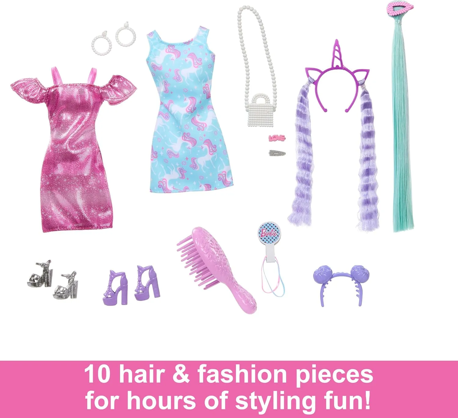 Barbie Doll, Fun & Fancy Hair with Extra-Long Colorful Black Hair and Shimmery Pink Dress, 10 Fashion Play Accessories