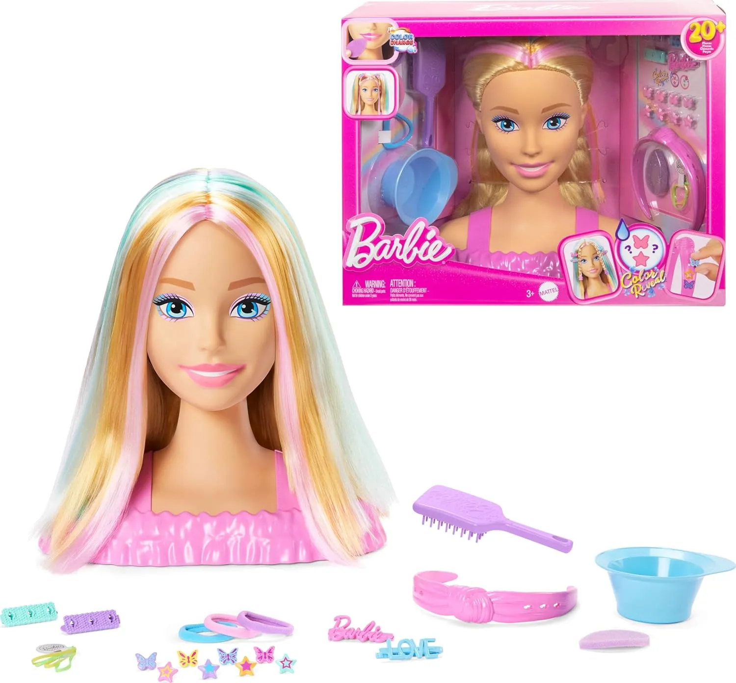 Barbie Doll Styling Head, Blonde Hair with 20  Hair Styling Accessories Including Star & Butterfly Color Change Hair Clips