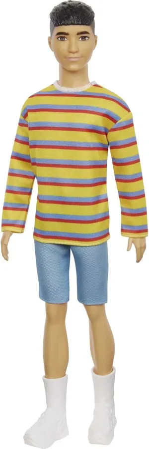 Barbie Ken Fashionistas Doll #175 with Brunette Hair Dressed in Colorful Striped Shirt, Denim Shorts and White Boots
