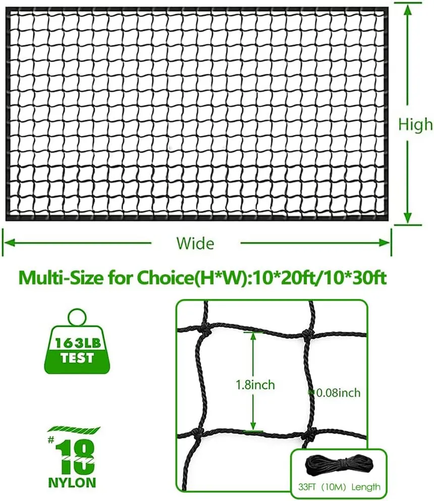 Baseball Softball Backstop Nets, Heavy Duty Sports Netting Barrier #18 Nylon Baseball Netting 10'x20'/10'x30'(Net Only)