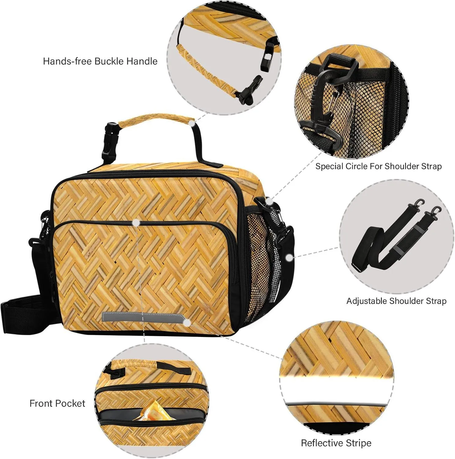 Basketry Texture Lunch Bag for Women Men Woven Background Insulated Cooler Tote Bag with Adjustable Shoulder Strap Large Capacity Picnic Lunch Box Outdoor for Adult Office
