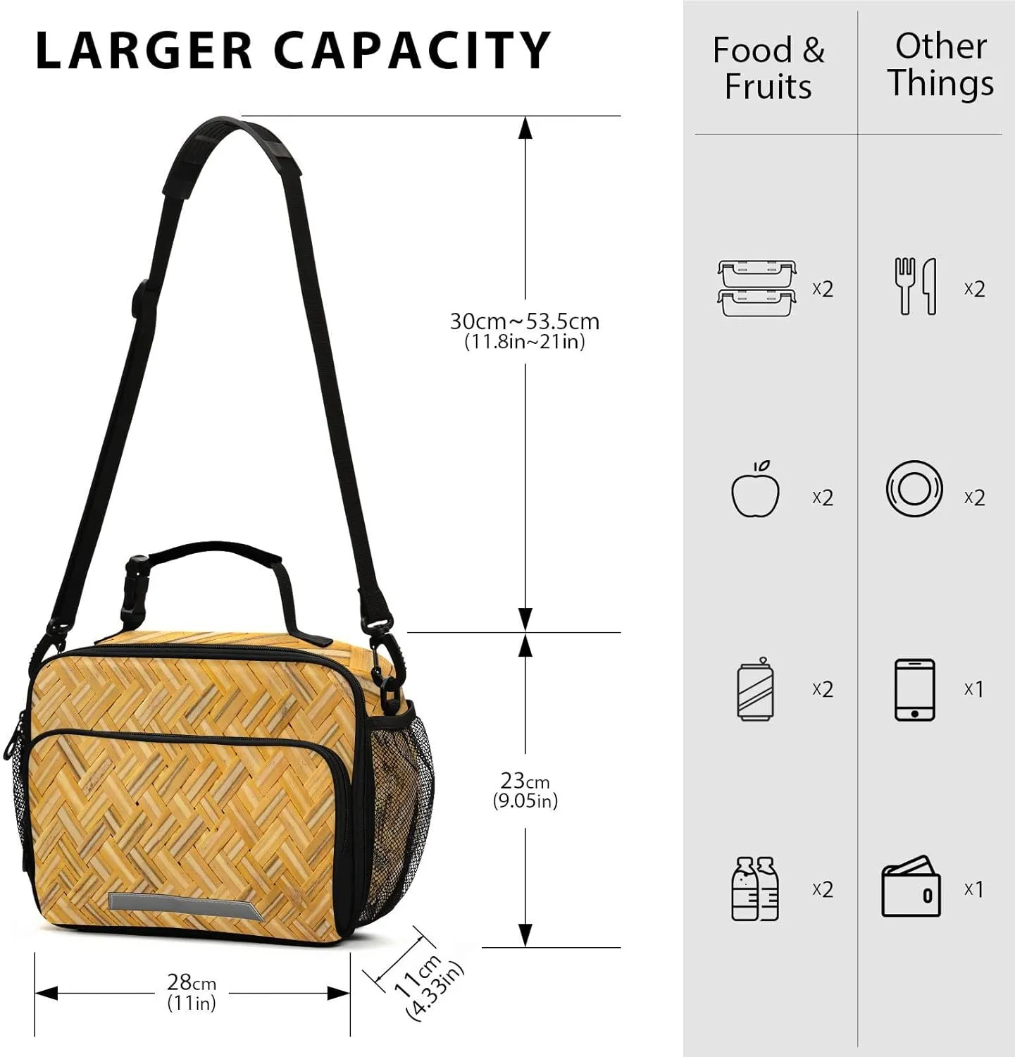 Basketry Texture Lunch Bag for Women Men Woven Background Insulated Cooler Tote Bag with Adjustable Shoulder Strap Large Capacity Picnic Lunch Box Outdoor for Adult Office