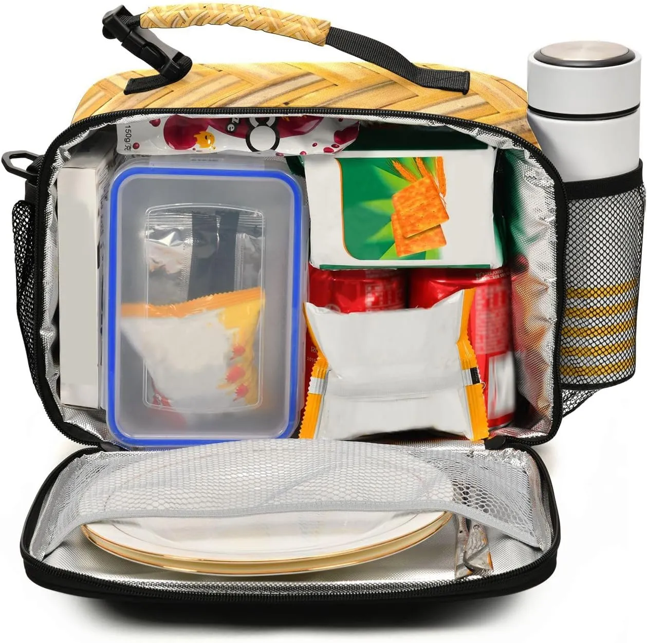 Basketry Texture Lunch Bag for Women Men Woven Background Insulated Cooler Tote Bag with Adjustable Shoulder Strap Large Capacity Picnic Lunch Box Outdoor for Adult Office