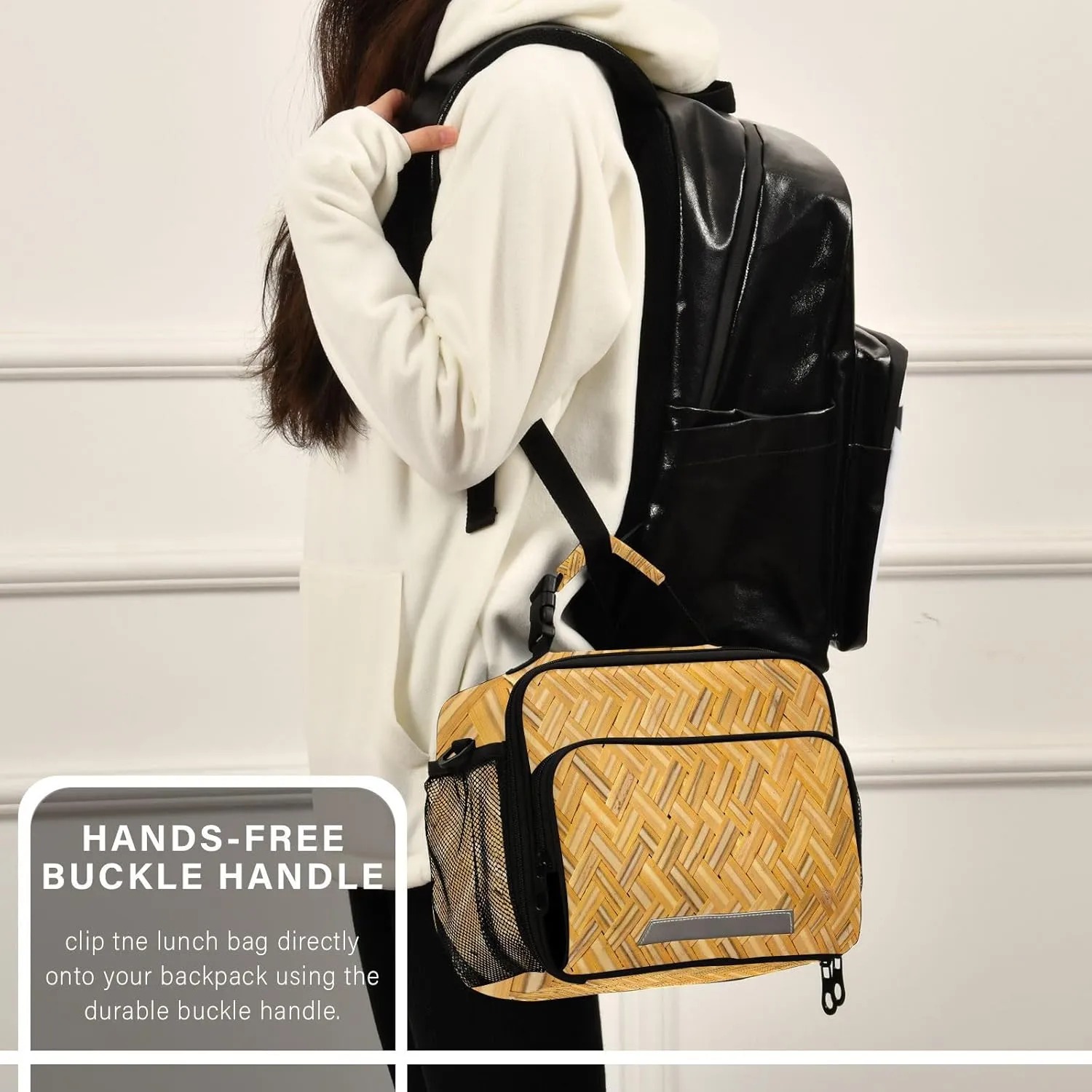 Basketry Texture Lunch Bag for Women Men Woven Background Insulated Cooler Tote Bag with Adjustable Shoulder Strap Large Capacity Picnic Lunch Box Outdoor for Adult Office