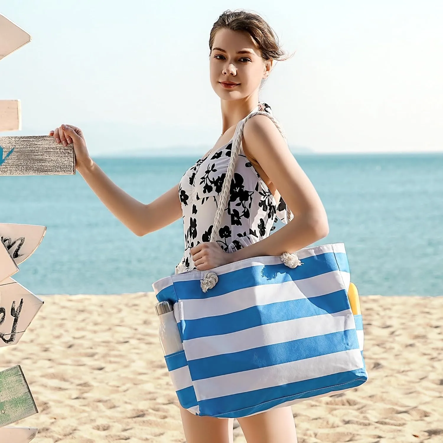 Beach Bags For Women - Large Beach Bags with Zipper Waterproof Sandproof Swim Pool Beach Bag