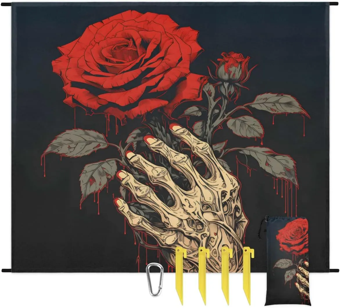 Beach Blanket, Halloween Skull Rose Sandproof Beach Mat, Waterproof Quick Drying Sand Free Mat with 4 x Ground Spikes for Outdoor Travel Camping Hiking, Vintage Rose 68 x 59 in