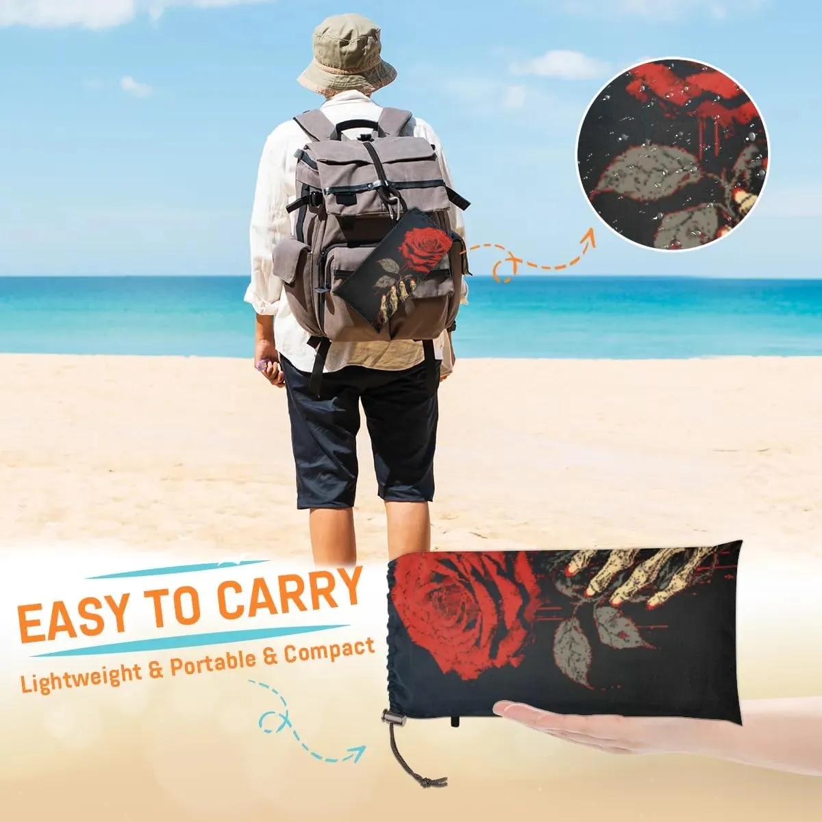 Beach Blanket, Halloween Skull Rose Sandproof Beach Mat, Waterproof Quick Drying Sand Free Mat with 4 x Ground Spikes for Outdoor Travel Camping Hiking, Vintage Rose 68 x 59 in