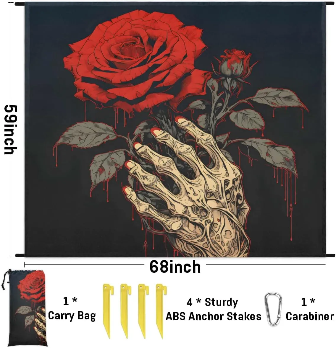 Beach Blanket, Halloween Skull Rose Sandproof Beach Mat, Waterproof Quick Drying Sand Free Mat with 4 x Ground Spikes for Outdoor Travel Camping Hiking, Vintage Rose 68 x 59 in