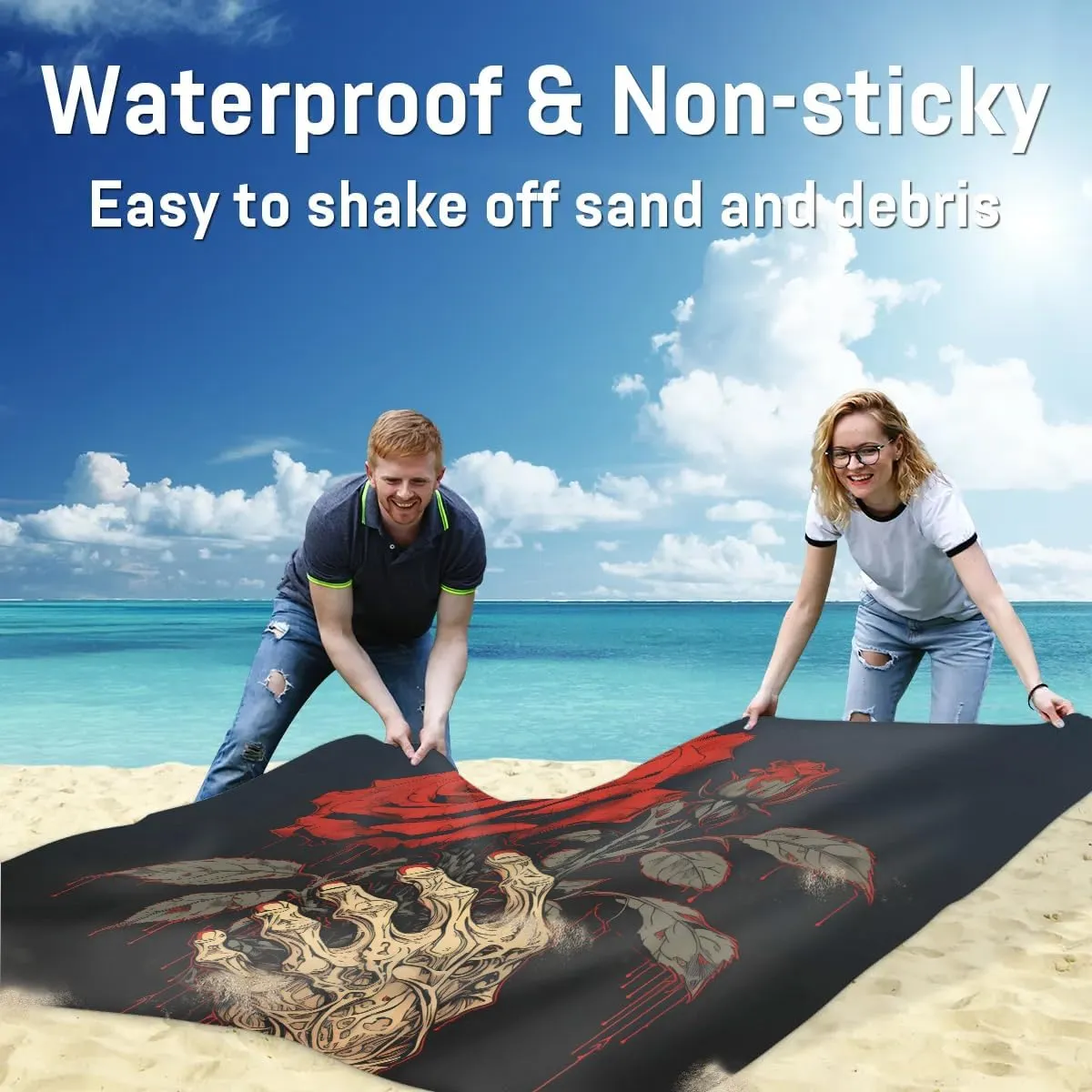 Beach Blanket, Halloween Skull Rose Sandproof Beach Mat, Waterproof Quick Drying Sand Free Mat with 4 x Ground Spikes for Outdoor Travel Camping Hiking, Vintage Rose 68 x 59 in