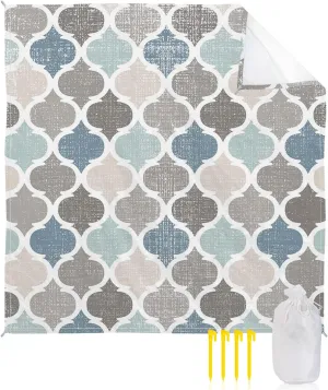 Beach Blanket Sandproof, Vintage Blue Teal Moroccan Tile Pattern Burlap Waterproof Beach Mat Lightweight Quick Drying Picnic Blanket Beach Essentials for Travel Camping Hiking 118x108in