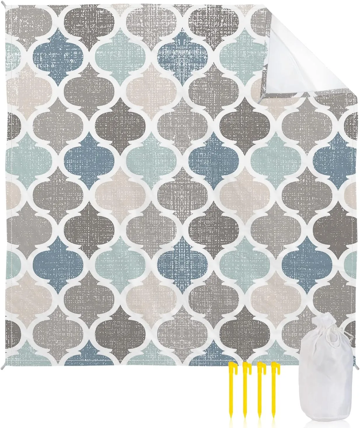 Beach Blanket Sandproof, Vintage Blue Teal Moroccan Tile Pattern Burlap Waterproof Beach Mat Lightweight Quick Drying Picnic Blanket Beach Essentials for Travel Camping Hiking 118x108in