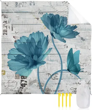 Beach Blanket Sandproof, Watercolor Butterfly Blue Floral Vintage Waterproof Beach Mat Lightweight Quick Drying Picnic Blanket Beach Essentials for Travel Camping Hiking 118x108in