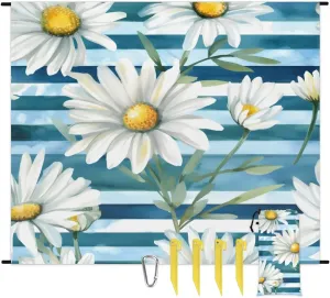 Beach Blanket, Summer Daisy Sandproof Beach Mat, Waterproof Quick Drying Sand Free Mat with 4 x Ground Spikes for Outdoor Travel Camping Hiking, Striped 68 x 59 in