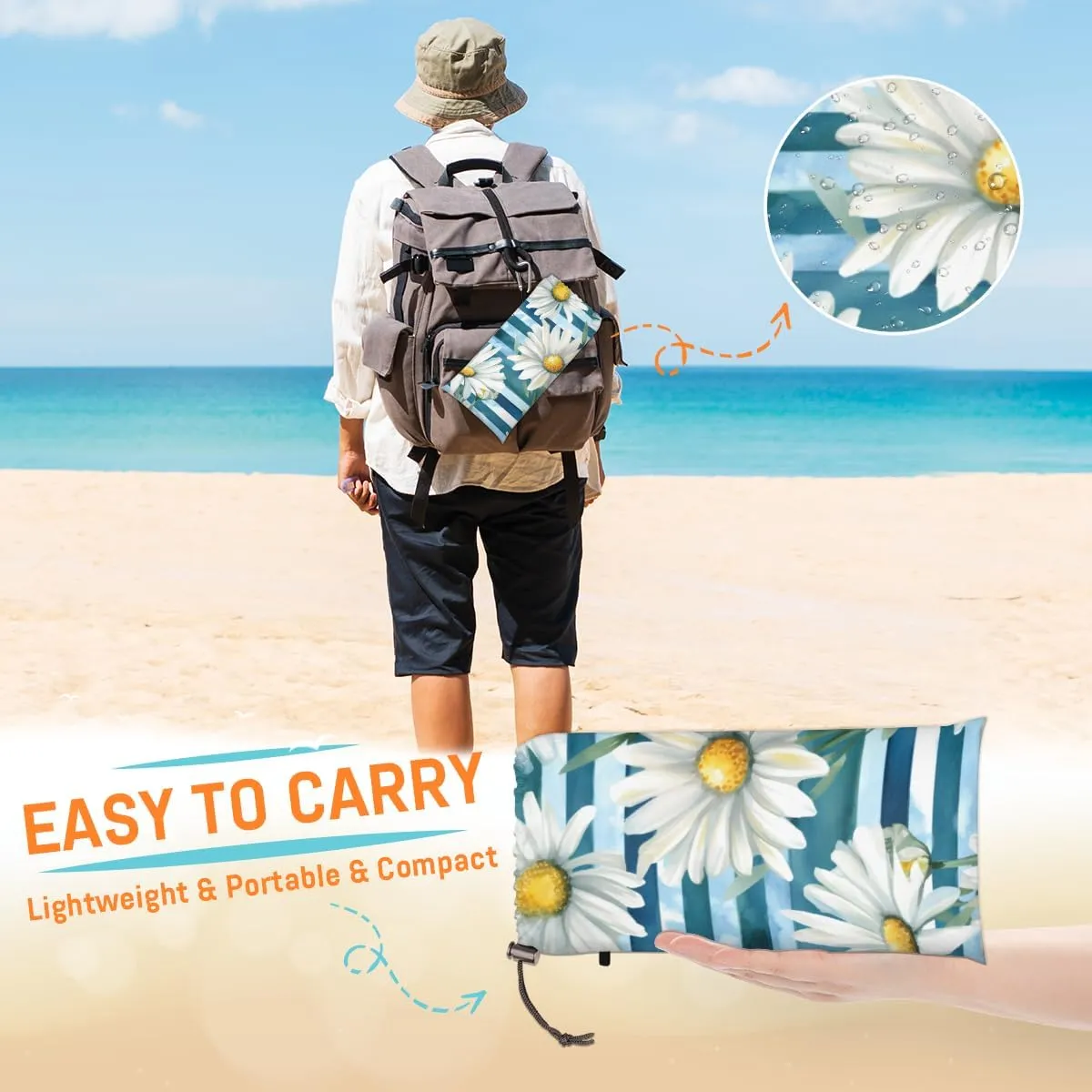 Beach Blanket, Summer Daisy Sandproof Beach Mat, Waterproof Quick Drying Sand Free Mat with 4 x Ground Spikes for Outdoor Travel Camping Hiking, Striped 68 x 59 in