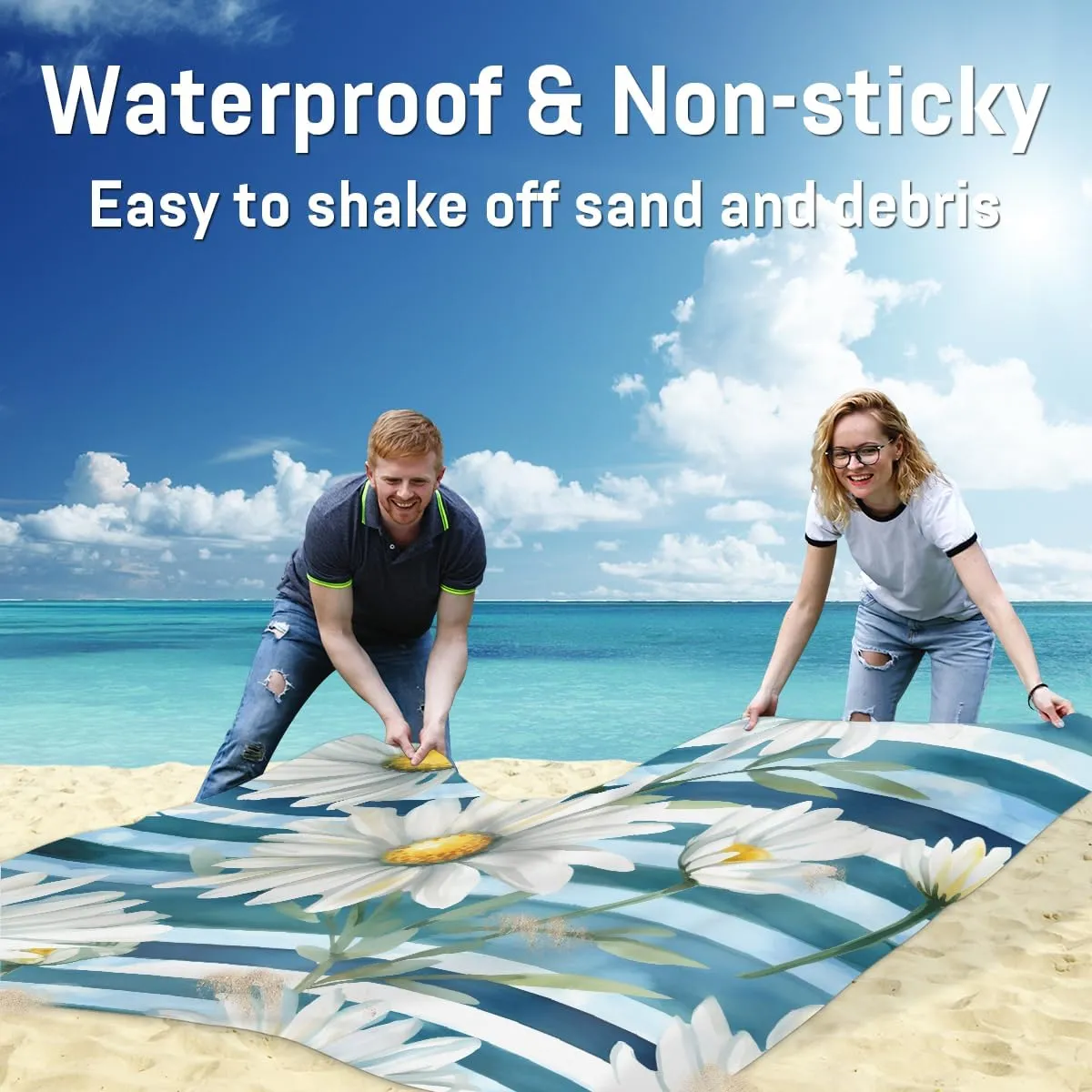 Beach Blanket, Summer Daisy Sandproof Beach Mat, Waterproof Quick Drying Sand Free Mat with 4 x Ground Spikes for Outdoor Travel Camping Hiking, Striped 68 x 59 in