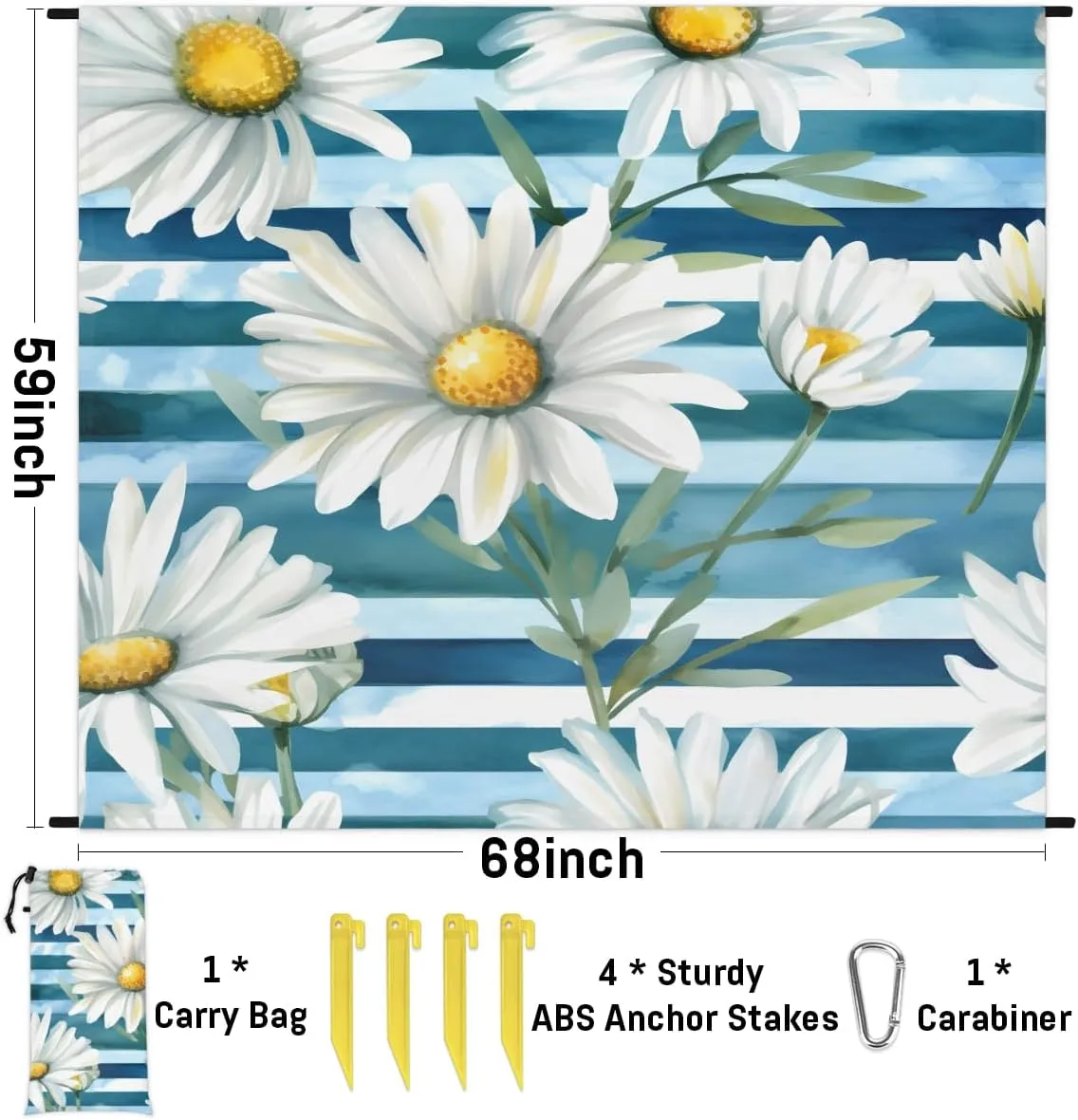 Beach Blanket, Summer Daisy Sandproof Beach Mat, Waterproof Quick Drying Sand Free Mat with 4 x Ground Spikes for Outdoor Travel Camping Hiking, Striped 68 x 59 in
