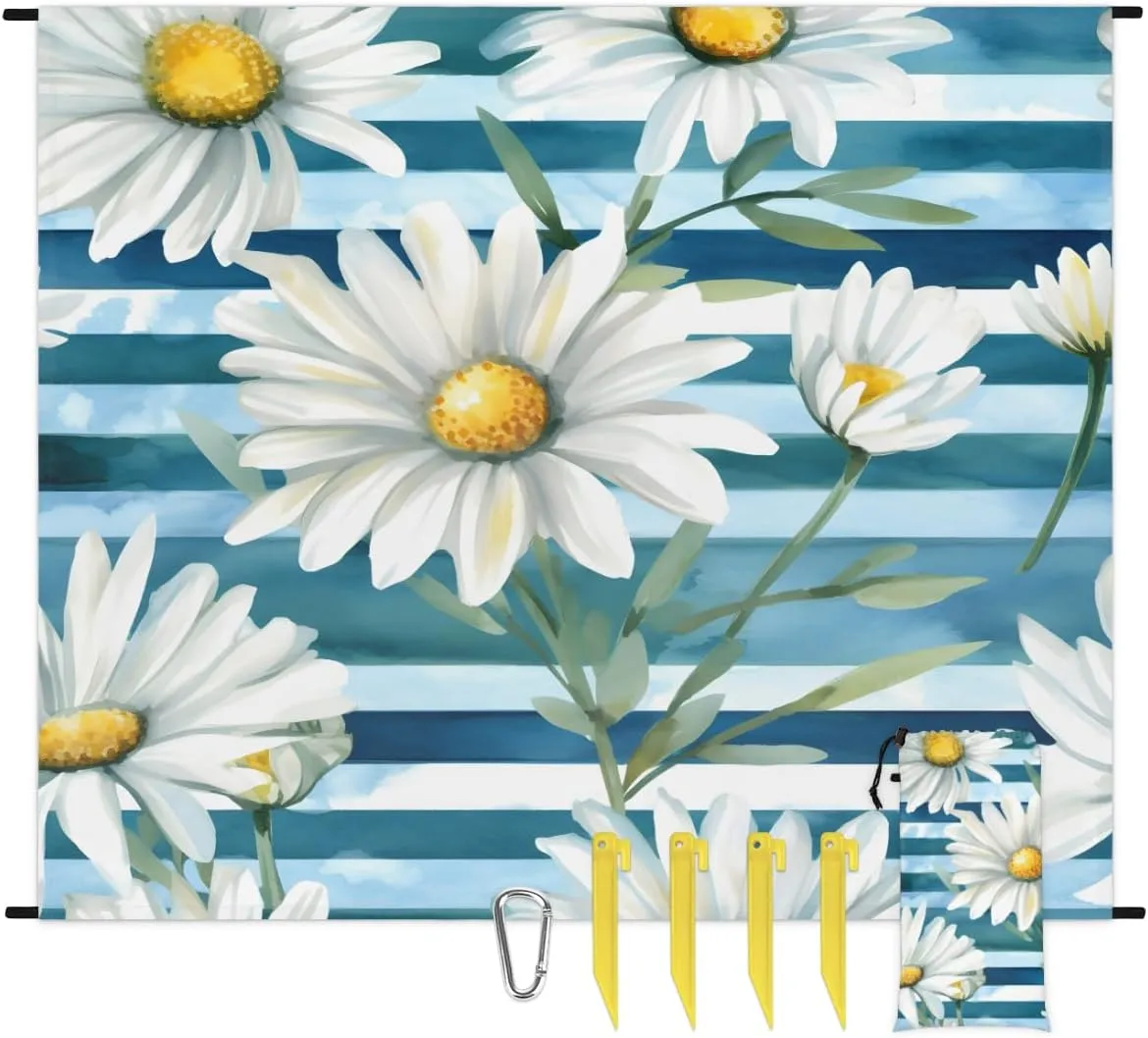 Beach Blanket, Summer Daisy Sandproof Beach Mat, Waterproof Quick Drying Sand Free Mat with 4 x Ground Spikes for Outdoor Travel Camping Hiking, Striped 68 x 59 in