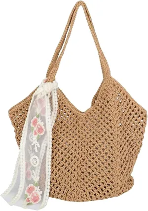 Beach Woven Crochet Bag for Women Straw Hobo Mesh Tote Knit Bags, for Daily Picnic Summer Holiday Travel Vacation