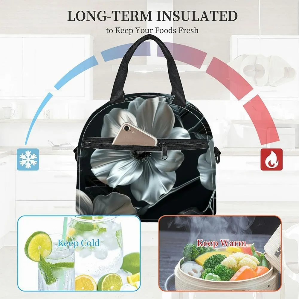Beautiful silver flowers black leaves a dark black Creative mystery Insulated Adult Lunch Bag with Shoulder Strap for Women Lightweight Reusable Portable Freezable Lunch Tote Bag for Work Picnic