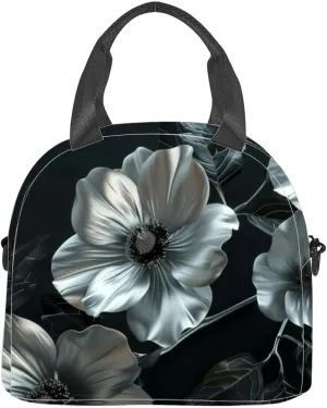 Beautiful silver flowers black leaves a dark black Creative mystery Insulated Adult Lunch Bag with Shoulder Strap for Women Lightweight Reusable Portable Freezable Lunch Tote Bag for Work Picnic