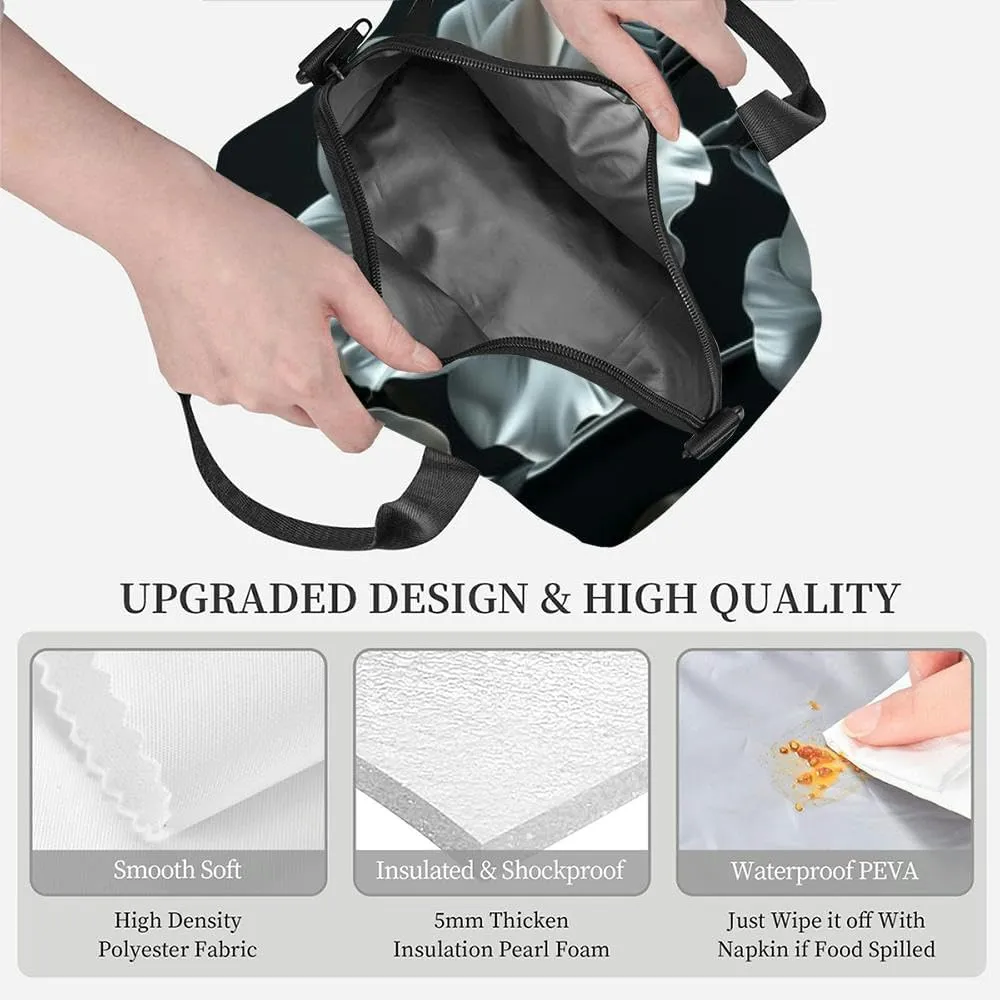 Beautiful silver flowers black leaves a dark black Creative mystery Insulated Adult Lunch Bag with Shoulder Strap for Women Lightweight Reusable Portable Freezable Lunch Tote Bag for Work Picnic