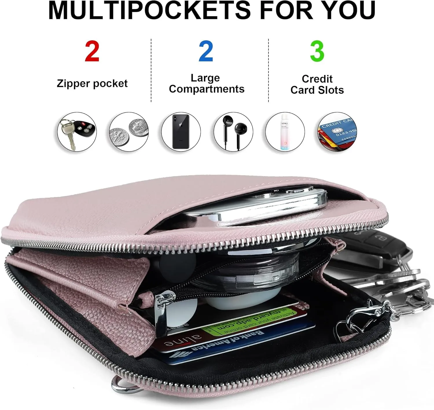 befen Genuine Leather Crossbody Cell Phone Purse for Women, Small Zip Around RFID Blocking Crossbody Wallet Bags