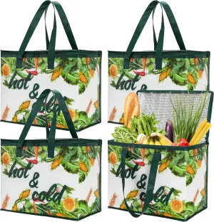 Bekith 4 Pack Insulated Reusable Grocery Bag, X Large Cooler Bags, Shopping Tote with Zippered Top for Hot and Cold Food Transport, Wine Tote, Drinks Carrier, Stands Upright, Collapsible