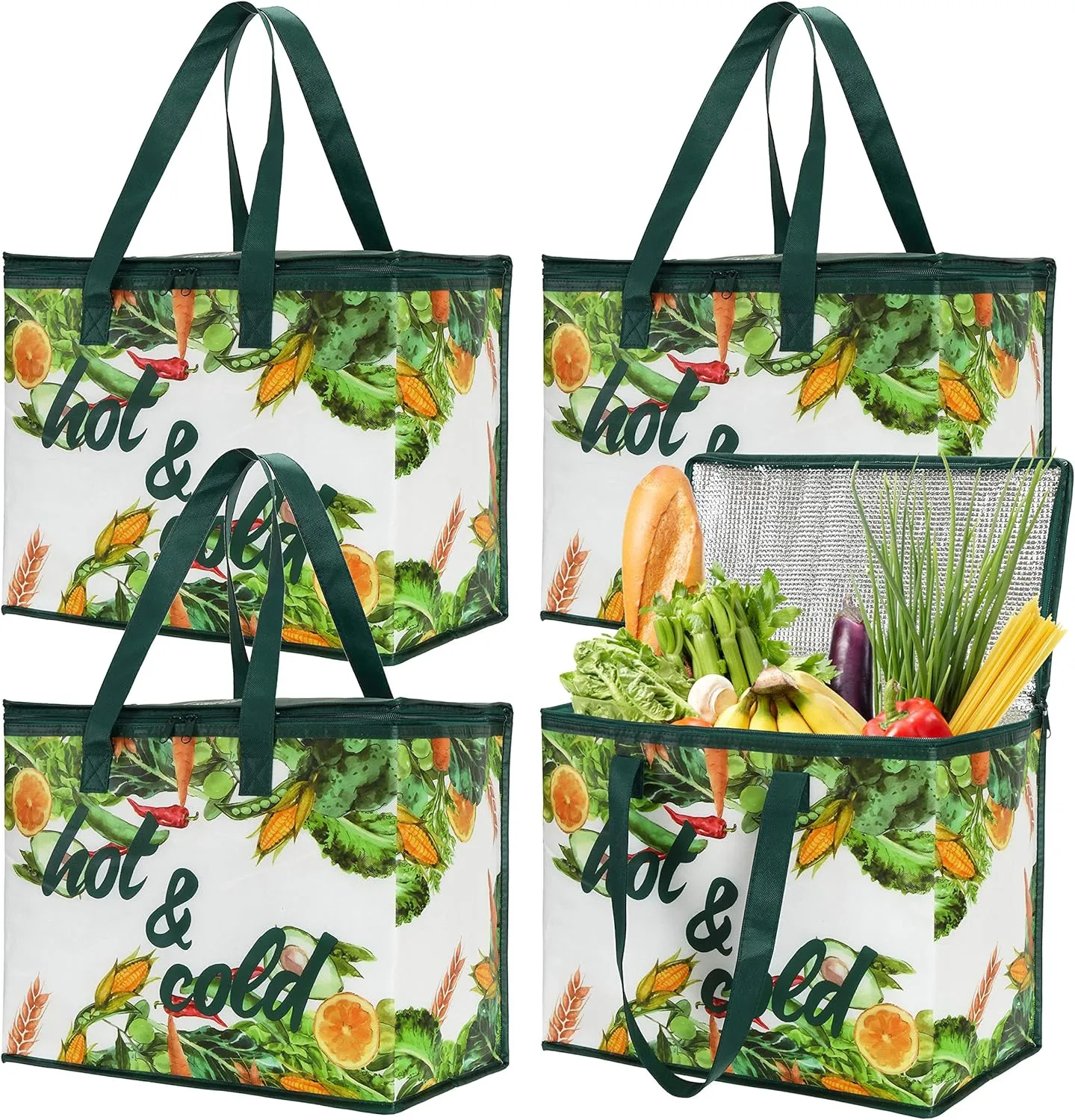 Bekith 4 Pack Insulated Reusable Grocery Bag, X Large Cooler Bags, Shopping Tote with Zippered Top for Hot and Cold Food Transport, Wine Tote, Drinks Carrier, Stands Upright, Collapsible